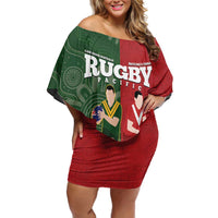 Custom Mate Maa Tonga And Kangaroo Australia Off Shoulder Short Dress Tongan Kupesi Mix Aboriginal Art LT14 Women Green - Polynesian Pride