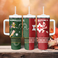 Personalised Mate Maa Tonga And Kangaroo Australia Tumbler With Handle Tongan Kupesi Mix Aboriginal Art LT14 - Polynesian Pride
