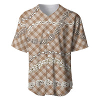 Brown Aloha Hawaii Shell Lei Baseball Jersey Palaka Hebrew Cone Honey Cowrie Elegant Curves LT14 Brown - Polynesian Pride