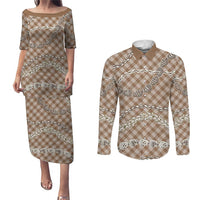 Brown Aloha Hawaii Shell Lei Couples Matching Puletasi and Long Sleeve Button Shirt Palaka Hebrew Cone Honey Cowrie Elegant Curves LT14 Brown - Polynesian Pride