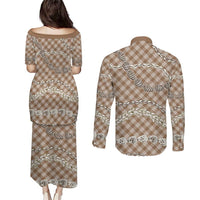 Brown Aloha Hawaii Shell Lei Couples Matching Puletasi and Long Sleeve Button Shirt Palaka Hebrew Cone Honey Cowrie Elegant Curves LT14 - Polynesian Pride