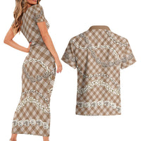 Brown Aloha Hawaii Shell Lei Couples Matching Short Sleeve Bodycon Dress and Hawaiian Shirt Palaka Hebrew Cone Honey Cowrie Elegant Curves - Polynesian Pride