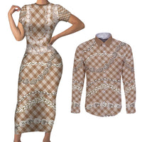 Brown Aloha Hawaii Shell Lei Couples Matching Short Sleeve Bodycon Dress and Long Sleeve Button Shirt Palaka Hebrew Cone Honey Cowrie Elegant Curves - Polynesian Pride