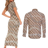 Brown Aloha Hawaii Shell Lei Couples Matching Short Sleeve Bodycon Dress and Long Sleeve Button Shirt Palaka Hebrew Cone Honey Cowrie Elegant Curves - Polynesian Pride