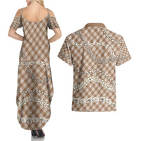 Brown Aloha Hawaii Shell Lei Couples Matching Summer Maxi Dress and Hawaiian Shirt Palaka Hebrew Cone Honey Cowrie Elegant Curves LT14 - Polynesian Pride