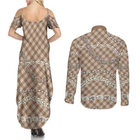 Brown Aloha Hawaii Shell Lei Couples Matching Summer Maxi Dress and Long Sleeve Button Shirt Palaka Hebrew Cone Honey Cowrie Elegant Curves - Polynesian Pride