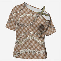 Brown Aloha Hawaii Shell Lei Cross Shoulder Shirt Palaka Hebrew Cone Honey Cowrie Elegant Curves LT14 Female Brown - Polynesian Pride