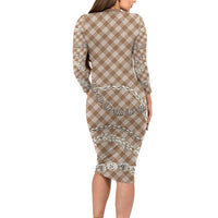 Brown Aloha Hawaii Shell Lei Family Matching Long Sleeve Bodycon Dress and Hawaiian Shirt Palaka Hebrew Cone Honey Cowrie Elegant Curves - Polynesian Pride