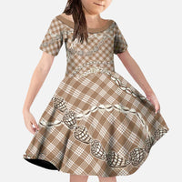 Brown Aloha Hawaii Shell Lei Family Matching Off The Shoulder Long Sleeve Dress and Hawaiian Shirt Palaka Hebrew Cone Honey Cowrie Elegant Curves - Polynesian Pride