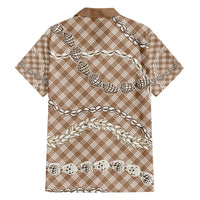 Brown Aloha Hawaii Shell Lei Family Matching Off The Shoulder Long Sleeve Dress and Hawaiian Shirt Palaka Hebrew Cone Honey Cowrie Elegant Curves - Polynesian Pride