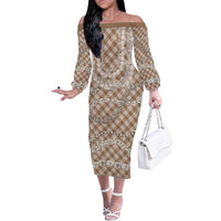 Brown Aloha Hawaii Shell Lei Family Matching Off The Shoulder Long Sleeve Dress and Hawaiian Shirt Palaka Hebrew Cone Honey Cowrie Elegant Curves - Polynesian Pride