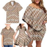 Brown Aloha Hawaii Shell Lei Family Matching Off Shoulder Short Dress and Hawaiian Shirt Palaka Hebrew Cone Honey Cowrie Elegant Curves - Polynesian Pride