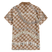 Brown Aloha Hawaii Shell Lei Family Matching Off Shoulder Short Dress and Hawaiian Shirt Palaka Hebrew Cone Honey Cowrie Elegant Curves - Polynesian Pride