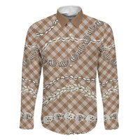 Brown Aloha Hawaii Shell Lei Family Matching Off Shoulder Short Dress and Hawaiian Shirt Palaka Hebrew Cone Honey Cowrie Elegant Curves - Polynesian Pride