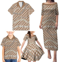 Brown Aloha Hawaii Shell Lei Family Matching Puletasi and Hawaiian Shirt Palaka Hebrew Cone Honey Cowrie Elegant Curves - Polynesian Pride