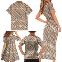 Brown Aloha Hawaii Shell Lei Family Matching Short Sleeve Bodycon Dress and Hawaiian Shirt Palaka Hebrew Cone Honey Cowrie Elegant Curves - Polynesian Pride