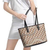 Brown Aloha Hawaii Shell Lei Leather Tote Bag Palaka Hebrew Cone Honey Cowrie Elegant Curves LT14 - Polynesian Pride