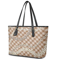 Brown Aloha Hawaii Shell Lei Leather Tote Bag Palaka Hebrew Cone Honey Cowrie Elegant Curves LT14 - Polynesian Pride