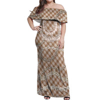 Brown Aloha Hawaii Shell Lei Off Shoulder Maxi Dress Palaka Hebrew Cone Honey Cowrie Elegant Curves - Polynesian Pride
