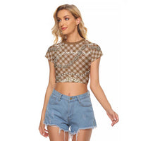 Brown Aloha Hawaii Shell Lei Raglan Cropped T Shirt Palaka Hebrew Cone Honey Cowrie Elegant Curves LT14 Female Brown - Polynesian Pride