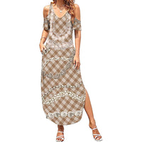 Brown Aloha Hawaii Shell Lei Summer Maxi Dress Palaka Hebrew Cone Honey Cowrie Elegant Curves LT14 Women Brown - Polynesian Pride