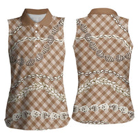 Brown Aloha Hawaii Shell Lei Women Sleeveless Polo Shirt Palaka Hebrew Cone Honey Cowrie Elegant Curves - Polynesian Pride
