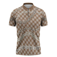 Brown Aloha Hawaii Shell Lei Zipper Polo Shirt Palaka Hebrew Cone Honey Cowrie Elegant Curves LT14 Brown - Polynesian Pride