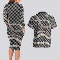 Black Aloha Hawaii Shell Lei Couples Matching Long Sleeve Bodycon Dress and Hawaiian Shirt Palaka Hebrew Cone Honey Cowrie Elegant Curves - Polynesian Pride