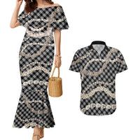 Black Aloha Hawaii Shell Lei Couples Matching Mermaid Dress and Hawaiian Shirt Palaka Hebrew Cone Honey Cowrie Elegant Curves - Polynesian Pride