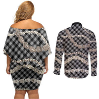 Black Aloha Hawaii Shell Lei Couples Matching Off Shoulder Short Dress and Long Sleeve Button Shirt Palaka Hebrew Cone Honey Cowrie Elegant Curves - Polynesian Pride
