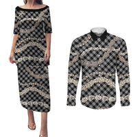 Black Aloha Hawaii Shell Lei Couples Matching Puletasi and Long Sleeve Button Shirt Palaka Hebrew Cone Honey Cowrie Elegant Curves LT14 Black - Polynesian Pride