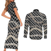 Black Aloha Hawaii Shell Lei Couples Matching Short Sleeve Bodycon Dress and Long Sleeve Button Shirt Palaka Hebrew Cone Honey Cowrie Elegant Curves - Polynesian Pride
