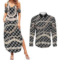 Black Aloha Hawaii Shell Lei Couples Matching Summer Maxi Dress and Long Sleeve Button Shirt Palaka Hebrew Cone Honey Cowrie Elegant Curves LT14 Black - Polynesian Pride