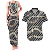Black Aloha Hawaii Shell Lei Couples Matching Tank Maxi Dress and Hawaiian Shirt Palaka Hebrew Cone Honey Cowrie Elegant Curves - Polynesian Pride