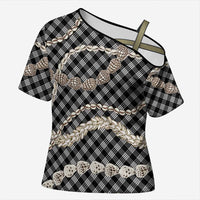 Black Aloha Hawaii Shell Lei Cross Shoulder Shirt Palaka Hebrew Cone Honey Cowrie Elegant Curves LT14 Female Black - Polynesian Pride