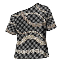 Black Aloha Hawaii Shell Lei Cross Shoulder Shirt Palaka Hebrew Cone Honey Cowrie Elegant Curves - Polynesian Pride