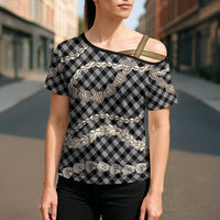 Black Aloha Hawaii Shell Lei Cross Shoulder Shirt Palaka Hebrew Cone Honey Cowrie Elegant Curves LT14 - Polynesian Pride