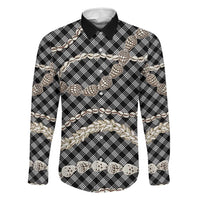Black Aloha Hawaii Shell Lei Family Matching Long Sleeve Bodycon Dress and Hawaiian Shirt Palaka Hebrew Cone Honey Cowrie Elegant Curves - Polynesian Pride