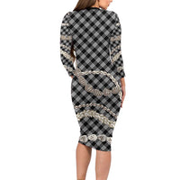 Black Aloha Hawaii Shell Lei Family Matching Long Sleeve Bodycon Dress and Hawaiian Shirt Palaka Hebrew Cone Honey Cowrie Elegant Curves - Polynesian Pride