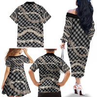 Black Aloha Hawaii Shell Lei Family Matching Off The Shoulder Long Sleeve Dress and Hawaiian Shirt Palaka Hebrew Cone Honey Cowrie Elegant Curves - Polynesian Pride