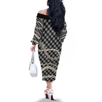 Black Aloha Hawaii Shell Lei Family Matching Off The Shoulder Long Sleeve Dress and Hawaiian Shirt Palaka Hebrew Cone Honey Cowrie Elegant Curves - Polynesian Pride