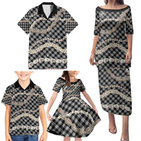 Black Aloha Hawaii Shell Lei Family Matching Puletasi and Hawaiian Shirt Palaka Hebrew Cone Honey Cowrie Elegant Curves - Polynesian Pride
