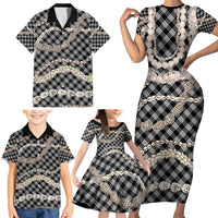 Black Aloha Hawaii Shell Lei Family Matching Short Sleeve Bodycon Dress and Hawaiian Shirt Palaka Hebrew Cone Honey Cowrie Elegant Curves - Polynesian Pride