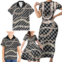 Black Aloha Hawaii Shell Lei Family Matching Short Sleeve Bodycon Dress and Hawaiian Shirt Palaka Hebrew Cone Honey Cowrie Elegant Curves - Polynesian Pride