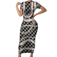 Black Aloha Hawaii Shell Lei Family Matching Short Sleeve Bodycon Dress and Hawaiian Shirt Palaka Hebrew Cone Honey Cowrie Elegant Curves - Polynesian Pride