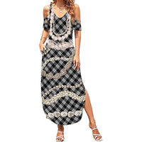 Black Aloha Hawaii Shell Lei Family Matching Summer Maxi Dress and Hawaiian Shirt Palaka Hebrew Cone Honey Cowrie Elegant Curves - Polynesian Pride