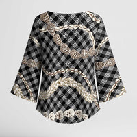 Black Aloha Hawaii Shell Lei Kimono Sleeve Blouse Palaka Hebrew Cone Honey Cowrie Elegant Curves - Polynesian Pride