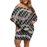 Black Aloha Hawaii Shell Lei Off Shoulder Short Dress Palaka Hebrew Cone Honey Cowrie Elegant Curves - Polynesian Pride