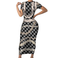 Black Aloha Hawaii Shell Lei Short Sleeve Bodycon Dress Palaka Hebrew Cone Honey Cowrie Elegant Curves LT14 Long Dress Black - Polynesian Pride