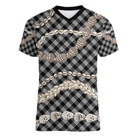 Black Aloha Hawaii Shell Lei Women V-Neck T-Shirt Palaka Hebrew Cone Honey Cowrie Elegant Curves LT14 Female Black - Polynesian Pride